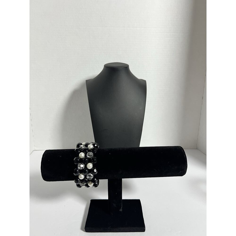 Vtg. Womens Silver-tone Stretch Bracelet Black White Pearl Beads Stretchy 6” L